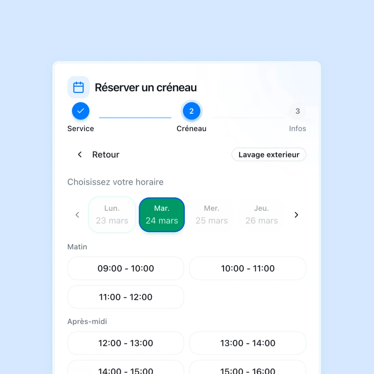 Interface de réservation de créneaux avec sélection de date et horaire